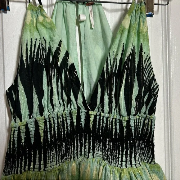 Free People XS Boho Halter Mini Dress Green Abstract Print Smocked Waist - Picture 14 of 15